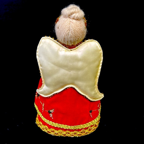 Vintage/Retro red flocked cardboard angel tree topper with satin wings , Japan - Picture 7 of 12